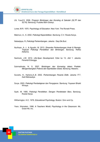PPPPTK IPA
Direktorat Guru dan Tenaga Kependidikan - Kemdikbud
DAFTAR PUSTAKA
KELOMPOK KOMPETENSI A
66
LN. Yusuf,S. 2006. Program Bimbingan dan Konsling di Sekolah (SLTP dan
SLTA). Bandung: Pustaka Bani Qraisyi.
Loree, M.R. 1970. Psychology of Education. New York: The Ronald Press.
Makmun, A., S. 2002. Psikologi Kependidikan. Bandung: C.V. Rosda Karya.
Natawijaya, R.,Psikologi Perkembangan. Jakarta : Dep.Dik.Bud.
Nurihsan, A. J., & Agustin, M. 2013. Dinamika Perkembangan Anak & Remaja.
Tinjauan Psikologi Pendidikan dan Bimbingan. Bandung: Refika
Aditama.
Santrock, J,W. 2012. Life-Span Development. Edisi ke 13, Jilid 1. Jakarta:
Penerbit Erlangga.
Sukmadinata, N. S. 2007. Bimbingan dan Konseiing dalam Praktek.
Mengembangkan Potensi dan kepribadian Siswa. Bandung: Maestro.
Sunarto, H., Hartono,A.,B. 2002. Perkembangan Peserta Didik. Jakarta: P.T.
Asdi Mahasatya.
Surya. 2003. Psikologi Pembelajaran dan Pengajaran. Bandung: Yayasan Bhakti
Winaya.
Syah, M. 1995. Psikologi Pendidikan. Dengan Pendekatan Baru. Bandung.
Rosda Karya.
Witheringtpn, H.C. 1978. Educational Psychology. Boston: Ginn and Cp.
Yeon, Weinstein. 1996. A Teachers World, Psychology in the Classroom: Mc.
Graw-Hill, Inc.
 
