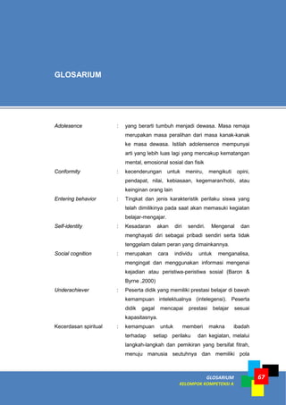 GLOSARIUM
KELOMPOK KOMPETENSI A
67
Adolesence : yang berarti tumbuh menjadi dewasa. Masa remaja
merupakan masa peralihan dari masa kanak-kanak
ke masa dewasa. Istilah adolensence mempunyai
arti yang lebih luas lagi yang mencakup kematangan
mental, emosional sosial dan fisik
Conformity : kecenderungan untuk meniru, mengikuti opini,
pendapat, nilai, kebiasaan, kegemaran/hobi, atau
keinginan orang lain
Entering behavior : Tingkat dan jenis karakteristik perilaku siswa yang
telah dimilikinya pada saat akan memasuki kegiatan
belajar-mengajar.
Self-identity : Kesadaran akan diri sendiri. Mengenal dan
menghayati diri sebagai pribadi sendiri serta tidak
tenggelam dalam peran yang dimainkannya.
Social cognition : merupakan cara individu untuk menganalisa,
mengingat dan menggunakan informasi mengenai
kejadian atau peristiwa-peristiwa sosial (Baron &
Byrne ,2000)
Underachiever : Peserta didik yang memiliki prestasi belajar di bawah
kemampuan intelektualnya (intelegensi). Peserta
didik gagal mencapai prestasi belajar sesuai
kapasitasnya.
Kecerdasan spiritual : kemampuan untuk memberi makna ibadah
terhadap setiap perilaku dan kegiatan, melalui
langkah-langkah dan pemikiran yang bersifat fitrah,
menuju manusia seutuhnya dan memiliki pola
GLOSARIUM
 