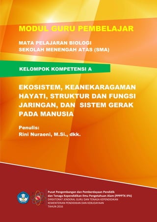 Pusat Pengembangan dan Pemberdayaan Pendidik
dan Tenaga Kependidikan Ilmu Pengetahuan Alam (PPPPTK IPA)
DIREKTORAT JENDERAL GURU DAN TENAGA KEPENDIDIKAN
KEMENTERIAN PENDIDIKAN DAN KEBUDAYAAN
TAHUN 2016
KELOMPOK KOMPETENSI A
MODUL GURU PEMBELAJAR
MATA PELAJARAN BIOLOGI
SEKOLAH MENENGAH ATAS (SMA)
EKOSISTEM, KEANEKARAGAMAN
HAYATI, STRUKTUR DAN FUNGSI
JARINGAN, DAN SISTEM GERAK
PADA MANUSIA
Penulis:
Rini Nuraeni, M.Si., dkk.
 
