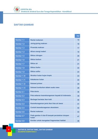 PPPPTK IPA
Direktorat Jenderal Guru dan Tenaga Kependidikan - Kemdikbud
DAFTAR ISI, DAFTAR TABEL, DAFTAR GAMBAR
KELOMPOK KOMPETENSI A
x
Hal
Gambar 1.1 Rantai makanan 15
Gambar 1.2 Jaring-jaring maknan 16
Gambar 1.3 Piramida maknan 17
Gambar 1.4 Aliran energi materi 19
Gambar 1.5 Siklus nitrogen 20
Gambar 1.6 Siklus karbon 21
Gambar 1.7 Siklus air 21
Gambar 1.8 Siklus fosfor 22
Gambar 1.9 Siklus sulfur 23
Gambar 1.10 Struktur hutan hujan tropis 23
Gambar 1.11 Kebakaran hutan 24
Gambar 1.12 Suksesi primer 25
Gambar 1.13 Suksesi tumbuhan dalam suatu rawa 26
Gambar 2.1 Peta dunia 36
Gambar 2.2 Pola sebaran keanekaragaman hayaati di indonesia 39
Gambar 2.3 Berbagai barietas ikan koki 40
Gambar 2.4 Keanekaragaman jenis ikan hias air tawar 41
Gambar 2.5 Contoh keanekaragaman ekosistem 42
Gambar 2.6 Rantai makanan 43
Gambar 2.7 Pada gambar A dan B tampak perubahan tutupan
hutan
47
Gambar 2.8 Koridor untuk mengatasi fragmentasi habitat 48
DAFTAR GAMBAR
 