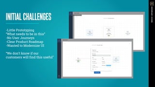 INITIALCHALLENGES
-Little Prototyping
“What needs to be in this”
-No User Journeys
-Clear Product Roadmap
-Wanted to Modernize UI
“We don’t know if our
customers will find this useful"!
 