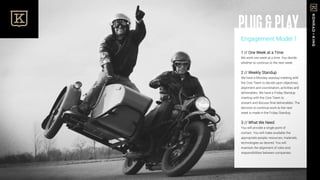 Engagement Model 1
1 // One Week at a Time
We work one week at a time. You decide
whether to continue to the next week.
2 // Weekly Standup
We have a Monday standup meeting with
the Core Team to decide upon objectives,
alignment and coordination, activities and
deliverables. We have a Friday Standup
meeting with the Core Team to
present and discuss final deliverables. The
decision to continue work to the next
week is made in the Friday Standup.
3 // What We Need
You will provide a single point of
contact. You will make available the
appropriate people, resources, materials,
technologies as desired. You will
maintain the alignment of roles and
responsibilities between companies.
PLUG&PLAY
 