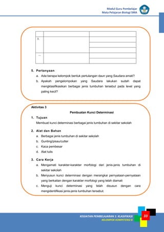 KEGIATAN PEMBELAJARAN 1: KLASIFIKASI
KELOMPOK KOMPETENSI B
Modul Guru Pembelajar
Mata Pelajaran Biologi SMA
33
3.
...
5. Pertanyaan
a. Ada berapa kelompok bentuk pertulangan daun yang Saudara amati?
b. Apakah pengelompokan yang Saudara lakukan sudah dapat
mengklasifikasikan berbagai jenis tumbuhan tersebut pada level yang
paling kecil?
Aktivitas 3
Pembuatan Kunci Determinasi
1. Tujuan
Membuat kunci determinasi berbagai jenis tumbuhan di sekitar sekolah
2. Alat dan Bahan
a. Berbagai jenis tumbuhan di sekitar sekolah
b. Gunting/pisau/cutter
c. Kaca pembesar
d. Alat tulis
3. Cara Kerja
a. Mengamati karakter-karakter morfologi dari jenis-jenis tumbuhan di
sekitar sekolah
b. Menyusun kunci determinasi dengan merangkai pernyataan-pernyataan
yang berkaitan dengan karakter morfologi yang telah diamati
c. Menguji kunci determinasi yang telah disusun dengan cara
mengidentifikasi jenis-jenis tumbuhan tersebut.
 