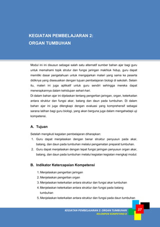 KEGIATAN PEMBELAJARAN 2: ORGAN TUMBUHAN
KELOMPOK KOMPETENSI B
37
Modul ini ini disusun sebagai salah satu alternatif sumber bahan ajar bagi guru
untuk memahami topik strutur dan fungsi jaringan makhluk hidup, guru dapat
memiliki dasar pengetahuan untuk mengajarkan materi yang sama ke peserta
didiknya yang disesuaikan dengan tujuan pembelajaran biologi di sekolah. Selain
itu, materi ini juga aplikatif untuk guru sendiri sehingga mereka dapat
menerapkannya dalam kehidupan sehari-hari.
Di dalam bahan ajar ini dijelaskan tentang pengertian jaringan, organ, keterkaitan
antara struktur dan fungsi akar, batang dan daun pada tumbuhan. Di dalam
bahan ajar ini juga dilengkapi dengan evaluasi yang komprehensif sebagai
sarana latihan bagi guru biologi, yang akan berguna juga dalam mengahadapi uji
kompetensi.
A. Tujuan
Setelah mengikuti kegiatan pembelajaran diharapkan:
1. Guru dapat menjelaskan dengan benar struktur penyusun pada akar,
batang, dan daun pada tumbuhan melalui pengamatan preparat tumbuhan.
2. Guru dapat menjelaskan dengan tepat fungsi jaringan penyusun organ akar,
batang, dan daun pada tumbuhan melalui kegiatan kegiatan mengkaji modul.
B. Indikator Ketercapaian Kompetensi
1. Menjelaskan pengertian jaringan
2. Menjelaskan pengertian organ
3. Menjelaskan keterkaitan antara struktur dan fungsi akar tumbuhan
4.Menjelaskan keterkaitan antara struktur dan fungsi pada batang
tumbuhan
5. Menjelaskan keterkaitan antara struktur dan fungsi pada daun tumbuhan
KEGIATAN PEMBELAJARAN 2:
ORGAN TUMBUHAN
 