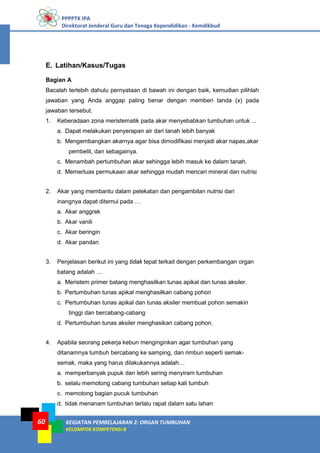 PPPPTK IPA
Direktorat Jenderal Guru dan Tenaga Kependidikan - Kemdikbud
KEGIATAN PEMBELAJARAN 2: ORGAN TUMBUHAN
KELOMPOK KOMPETENSI B
60
E. Latihan/Kasus/Tugas
Bagian A
Bacalah terlebih dahulu pernyataan di bawah ini dengan baik, kemudian pilihlah
jawaban yang Anda anggap paling benar dengan memberi tanda (x) pada
jawaban tersebut.
1. Keberadaan zona meristematik pada akar menyebabkan tumbuhan untuk ...
a. Dapat melakukan penyerapan air dari tanah lebih banyak
b. Mengembangkan akarnya agar bisa dimodifikasi menjadi akar napas,akar
pembelit, dan sebagainya.
c. Menambah pertumbuhan akar sehingga lebih masuk ke dalam tanah.
d. Memerluas permukaan akar sehingga mudah mencari mineral dan nutrisi
2. Akar yang membantu dalam pelekatan dan pengambilan nutrisi dari
inangnya dapat ditemui pada …
a. Akar anggrek
b. Akar vanili
c. Akar beringin
d. Akar pandan
3. Penjelasan berikut ini yang tidak tepat terkait dengan perkembangan organ
batang adalah …
a. Meristem primer batang menghasilkan tunas apikal dan tunas aksiler.
b. Pertumbuhan tunas apikal menghasilkan cabang pohon
c. Pertumbuhan tunas apikal dan tunas aksiler membuat pohon semakin
tinggi dan bercabang-cabang
d. Pertumbuhan tunas aksiler menghasikan cabang pohon.
4. Apabila seorang pekerja kebun menginginkan agar tumbuhan yang
ditanamnya tumbuh bercabang ke samping, dan rimbun seperti semak-
semak, maka yang harus dilakukannya adalah…
a. memperbanyak pupuk dan lebih sering menyiram tumbuhan
b. selalu memotong cabang tumbuhan setiap kali tumbuh
c. memotong bagian pucuk tumbuhan
d. tidak menanam tumbuhan terlalu rapat dalam satu lahan
 