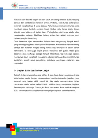 PPPPTK IPA
Direktorat Jenderal Guru dan Tenaga Kependidikan - Kemdikbud
KEGIATAN PEMBELAJARAN 2: ORGAN TUMBUHAN
KELOMPOK KOMPETENSI B
62
makanan dari daun ke bagian lain dari tubuh. Di batang terdapat dua tunas yang
berasal dari pembelahan meristem primer. Pertama, yaitu tunas apikal (tunas
terminal) yang letaknya di ujung batang. Pertumbuhan meristem di tunas apikal
membuat batang tumbuh semakin tinggi. Kedua, yaitu tunas aksiler (tunas
lateral) yang letaknya di ketiak daun. Pertumbuhan dari tunas aksiler akan
menghasilkan cabang. Modifikasi batang antara lain adalah rhizoma, umbi
batang, geragih, dan subang.
Daun berwarna hijau menandakan bahwa daun mengandung banyak klorofil
yang bertanggung jawab dalam proses fotosintesis. Fotosintesis merubah energi
cahaya dari matahari menjadi energi kimia yang tersimpan di dalam bentuk
karbohidrat. Di daun juga terjadi proses transpirasi dan gutasi. Meski pada
dasarnya daun berfungsi sebagai tempat fotosintesis, tapi beberapa spesies
mempunyai daun yang telah mengalami adaptasi sehingga bisa memiliki fungsi
tambahan, seperti untuk penyokong, pelindung, penyimpan makanan, atau
reproduksi.
G. Umpan Balik Dan Tindak Lanjut
Setelah Anda menyelesaikan soal latihan di atas, Anda dapat menghitung tingkat
keberhasilan Anda dengan menggunakan kunci/rambu-rambu jawaban yang
terdapat pada bagian akhir modul ini. Jika Anda memperkirakan bahwa
pencapaian Anda sudah melebihi 80%, silahkan terus mempelajari kegiatan
Pembelajaran berikutnya. Tamun jika Anda pencapaian Anda masih kurang dari
80%, sebaiknya Anda ulangi kembali mempelajari kegiatan pembelajaran ini.
 