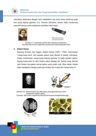 PPPPTK IPA
Direktorat Jenderal Guru dan Tenaga Kependidikan - Kemdikbud
KEGIATAN PEMBELAJARAN 3: BIOSEL
KELOMPOK KOMPETENSI B
66
mikroskop sederhana dengan cara meletakkan dua buah lensa cembung pada
dua ujung tabung (gambar 3.1). Temuan Zacharian Jansen telah mendorong
para ahli lainnya untuk melakukan penelitian lebih lanjut.
Gambar 3.1. Zacharias Jansen dan mikroskop buatannya.,
(Sumber:http://micro.magnet.fsu.edu/primer/museum/janssen.html)
2. Robert Hooke
Seorang ilmuwan dari Inggris, Robert Hooke (1635 - 1703), menemukan
“ruang-ruang kecil” dari sayatan gabus yang diamati di bawah mikroskop.
Hooke menemukan ruang-ruang kosong (gambar 2) pada sayatan gabus.
Ruang-ruang kecil ini oleh Hooke sebut sebagai sel. Sel-sel yang diamati
oleh Hooke merupakan sel-sel gabus yang sudah mati. Akan tetapi, Hooke
tidak mengetahui dengan pasti apa struktur dan fungsi dari ruang-ruang ini.
Gambar 3.2. Robert Hooke dan Mikroskop yang digunakannya untuk
mengamati sayatan gabus.
(Sumber: http://micro.magnet.fsu.edu/primer/museum/images/hooke.jpg)
 