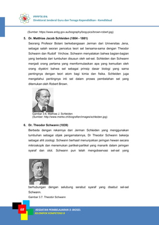 PPPPTK IPA
Direktorat Jenderal Guru dan Tenaga Kependidikan - Kemdikbud
KEGIATAN PEMBELAJARAN 3: BIOSEL
KELOMPOK KOMPETENSI B
68
(Sumber: https://www.anbg.gov.au/biography/biog-pics/brown-robert.jpg)
5. Dr. Matthias Jacob Schleiden (1804 - 1881)
Seorang Profesor Botani berkebangsaan Jerman dari Universitas Jena,
sebagai salah seoran pencetus teori sel bersama-sama dengan Theodor
Schwann dan Rudolf Virchow. Schwann menyatakan bahwa bagian-bagian
yang berbeda dari tumbuhan disusun oleh sel-sel. Schleiden dan Schwann
menjadi orang pertama yang memformulasikan apa yang kemudian oleh
orang diyakini bahwa sel sebagai prinsip dasar biologi yang sama
pentingnya dengan teori atom bagi kimia dan fisika. Schleiden juga
mengetahui pentingnya inti sel dalam proses pembelahan sel yang
ditemukan oleh Robert Brown.
Gambar 3.6. Mathias J. Schleiden
(Sumber: http://www.merke.ch/biografien/images/schleiden.jpg)
6. Dr. Theodor Schwann (1839)
Berbeda dengan rekannya dari Jerman Schleiden yang menggunakan
tumbuhan sebagai objek pengamatannya, Dr Theodor Schwann bekerja
sebagai ahli zoologi. Schwann berhasil menunjukkan jaringan hewan secara
mikroskopik dan menemukan partikel-partikel yang manarik dalam jaringan
syaraf dan otot. Schwann pun telah mengobservasi sel-sel yang
berhubungan dengan selubung serabut syaraf yang disebut sel-sel
Schwann.
Gambar 3.7. Theodor Schwann
 