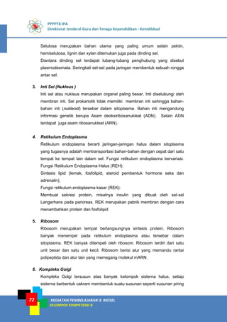 PPPPTK IPA
Direktorat Jenderal Guru dan Tenaga Kependidikan - Kemdikbud
KEGIATAN PEMBELAJARAN 3: BIOSEL
KELOMPOK KOMPETENSI B
72
Selulosa merupakan bahan utama yang paling umum selain pektin,
hemiselulosa, lignin dan xylan ditemukan juga pada dinding sel.
Diantara dinding sel terdapat lubang-lubang penghubung yang disebut
plasmodesmata. Seringkali sel-sel pada jaringan membentuk sebuah rongga
antar sel.
3. Inti Sel (Nukleus )
Inti sel atau nukleus merupakan organel paling besar. Inti diselubungi oleh
membran inti. Sel prokariotik tidak memiliki membran inti sehingga bahan-
bahan inti (nukleoid) tersebar dalam sitoplasma. Bahan inti mengandung
informasi genetik berupa Asam deoksiribosanukleat (ADN). Selain ADN
terdapat juga asam ribosanukleat (ARN).
4. Retikulum Endoplasma
Retikulum endoplasma berarti jaringan-jaringan halus dalam sitoplasma
yang tugasnya adalah mentransportasi bahan-bahan dengan cepat dari satu
tempat ke tempat lain dalam sel. Fungsi retikulum endoplasma bervariasi.
Fungsi Retikulum Endoplasma Halus (REH):
Sintesis lipid (lemak, fosfolipid, steroid pembentuk hormone seks dan
adrenalin),
Fungsi retikulum endoplasma kasar (REK):
Membuat sekresi protein, misalnya insulin yang dibuat oleh sel-sel
Langerhans pada pancreas. REK merupakan pabrik membran dengan cara
menambahkan protein dan fosfolipid
5. Ribosom
Ribosom merupakan tempat berlangsungnya sintesis protein. Ribosom
banyak menempel pada retikulum endoplasma atau tersebar dalam
sitoplasma. REK banyak ditempeli oleh ribosom. Ribosom terdiri dari satu
unit besar dan satu unit kecil. Ribosom berisi alur yang memandu rantai
polipeptida dan alur lain yang memegang molekul mARN.
6. Kompleks Golgi
Kompleks Golgi tersusun atas banyak kelompok sisterna halus, setiap
sisterna berbentuk cakram membentuk suatu susunan seperti susunan piring
 