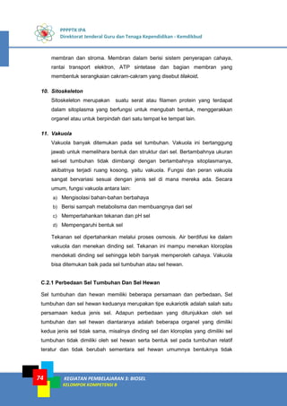 PPPPTK IPA
Direktorat Jenderal Guru dan Tenaga Kependidikan - Kemdikbud
KEGIATAN PEMBELAJARAN 3: BIOSEL
KELOMPOK KOMPETENSI B
74
membran dan stroma. Membran dalam berisi sistem penyerapan cahaya,
rantai transport elektron, ATP sintetase dan bagian membran yang
membentuk serangkaian cakram-cakram yang disebut tilakoid.
10. Sitoskeleton
Sitoskeleton merupakan suatu serat atau filamen protein yang terdapat
dalam sitoplasma yang berfungsi untuk mengubah bentuk, menggerakkan
organel atau untuk berpindah dari satu tempat ke tempat lain.
11. Vakuola
Vakuola banyak ditemukan pada sel tumbuhan. Vakuola ini bertanggung
jawab untuk memelihara bentuk dan struktur dari sel. Bertambahnya ukuran
sel-sel tumbuhan tidak diimbangi dengan bertambahnya sitoplasmanya,
akibatnya terjadi ruang kosong, yaitu vakuola. Fungsi dan peran vakuola
sangat bervariasi sesuai dengan jenis sel di mana mereka ada. Secara
umum, fungsi vakuola antara lain:
a) Mengisolasi bahan-bahan berbahaya
b) Berisi sampah metabolisma dan membuangnya dari sel
c) Mempertahankan tekanan dan pH sel
d) Mempengaruhi bentuk sel
Tekanan sel dipertahankan melalui proses osmosis. Air berdifusi ke dalam
vakuola dan menekan dinding sel. Tekanan ini mampu menekan kloroplas
mendekati dinding sel sehingga lebih banyak memperoleh cahaya. Vakuola
bisa ditemukan baik pada sel tumbuhan atau sel hewan.
C.2.1 Perbedaan Sel Tumbuhan Dan Sel Hewan
Sel tumbuhan dan hewan memiliki beberapa persamaan dan perbedaan. Sel
tumbuhan dan sel hewan keduanya merupakan tipe eukariotik adalah salah satu
persamaan kedua jenis sel. Adapun perbedaan yang ditunjukkan oleh sel
tumbuhan dan sel hewan diantaranya adalah beberapa organel yang dimiliki
kedua jenis sel tidak sama, misalnya dinding sel dan kloroplas yang dimiliki sel
tumbuhan tidak dimiliki oleh sel hewan serta bentuk sel pada tumbuhan relatif
teratur dan tidak berubah sementara sel hewan umumnya bentuknya tidak
 