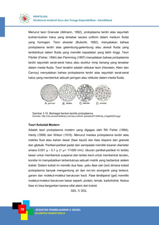 PPPPTK IPA
Direktorat Jenderal Guru dan Tenaga Kependidikan - Kemdikbud
KEGIATAN PEMBELAJARAN 3: BIOSEL
KELOMPOK KOMPETENSI B
78
Menurut teori Granular (Altmann, 1892), protoplasma terdiri atas sejumlah
butiran-butiran halus yang tersebar secara uniform dalam medium fluida
yang homogen. Teori alveolar (Butschli, 1892), menyatakan bahwa
protoplasma terdiri atas gelembung-gelembung atau alveoli fluida yang
terdistribusi dalam fluida yang memiliki kepadatan yang lebih tinggi. Teori
Fibriler (Fisher, 1894) dan Flemming (1897) menyatakan bahwa protoplasma
terdiri sejumlah serat-serat halus atau sturktur mirip benang yang tersebar
dalam media fluida. Teori terakhir adalah retilukar teori (Hanstein, Klein dan
Carnoy) menyatakan bahwa protoplasma terdiri atas sejumlah serat-serat
halus yang membentuk sebuah jaringan atau retikular dalam media fluida.
Gambar 3.10. Berbagai bentuk teoritis protoplasma
(Sumber: http://cdn.yourarticlelibrary.com/wp-content/ uploads/2013/08/clip_image00223.jpg)
Teori Koloidal Modern
Adalah teori protoplasma modern yang digagas oleh RA Fisher (1894),
Hardy (1899) dan Wilson (1916). Menurut mereka protoplasma terdiri atas
matriks fluid atau bahan dasar (fase liquid) dan fase dispersi dari granula
dan globule. Partikel-partikel padat dan semipadat memiliki kisaran diameter
antara 0.001 µ - 0,1 µ (1 µ= 1/1000 mm). Ukuran partikel-partikel ini terlalu
besar untuk membentuk suspensi dan terlalu kecil untuk membentuk larutan,
kondisi ini menyebabkan terbentuknya sebuah matrik yang berbentuk sistem
koloid. Sistem koloid ini memilki dua fase, yaitu fase cair (sol) dimana koloid
protoplasma banyak mengandung air dan ion-ion anorganik yang terlarut,
garam dan molekul-molekul berukuran kecil. Fase terdispersi (gel) memiliki
molekul-molekul berukuran besar seperti, protein, lemak, karbohidrat. Kedua
fase ini bisa bergantian karena sifat alami dari koloid.
GEL  SOL
 