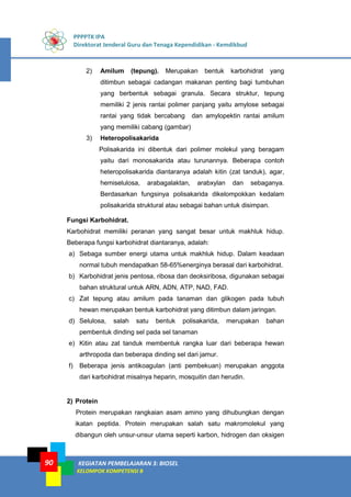 PPPPTK IPA
Direktorat Jenderal Guru dan Tenaga Kependidikan - Kemdikbud
KEGIATAN PEMBELAJARAN 3: BIOSEL
KELOMPOK KOMPETENSI B
90
2) Amilum (tepung). Merupakan bentuk karbohidrat yang
ditimbun sebagai cadangan makanan penting bagi tumbuhan
yang berbentuk sebagai granula. Secara struktur, tepung
memiliki 2 jenis rantai polimer panjang yaitu amylose sebagai
rantai yang tidak bercabang dan amylopektin rantai amilum
yang memiliki cabang (gambar)
3) Heteropolisakarida
Polisakarida ini dibentuk dari polimer molekul yang beragam
yaitu dari monosakarida atau turunannya. Beberapa contoh
heteropolisakarida diantaranya adalah kitin (zat tanduk), agar,
hemiselulosa, arabagalaktan, arabxylan dan sebaganya.
Berdasarkan fungsinya polisakarida dikelompokkan kedalam
polisakarida struktural atau sebagai bahan untuk disimpan.
Fungsi Karbohidrat.
Karbohidrat memiliki peranan yang sangat besar untuk makhluk hidup.
Beberapa fungsi karbohidrat diantaranya, adalah:
a) Sebaga sumber energi utama untuk makhluk hidup. Dalam keadaan
normal tubuh mendapatkan 58-65%energinya berasal dari karbohidrat.
b) Karbohidrat jenis pentosa, ribosa dan deoksiribosa, digunakan sebagai
bahan struktural untuk ARN, ADN, ATP, NAD, FAD.
c) Zat tepung atau amilum pada tanaman dan glikogen pada tubuh
hewan merupakan bentuk karbohidrat yang ditimbun dalam jaringan.
d) Selulosa, salah satu bentuk polisakarida, merupakan bahan
pembentuk dinding sel pada sel tanaman
e) Kitin atau zat tanduk membentuk rangka luar dari beberapa hewan
arthropoda dan beberapa dinding sel dari jamur.
f) Beberapa jenis antikoagulan (anti pembekuan) merupakan anggota
dari karbohidrat misalnya heparin, mosquitin dan herudin.
2) Protein
Protein merupakan rangkaian asam amino yang dihubungkan dengan
ikatan peptida. Protein merupakan salah satu makromolekul yang
dibangun oleh unsur-unsur utama seperti karbon, hidrogen dan oksigen
 