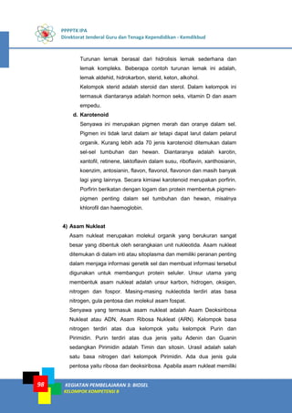 PPPPTK IPA
Direktorat Jenderal Guru dan Tenaga Kependidikan - Kemdikbud
KEGIATAN PEMBELAJARAN 3: BIOSEL
KELOMPOK KOMPETENSI B
98
Turunan lemak berasal dari hidrolisis lemak sederhana dan
lemak kompleks. Beberapa contoh turunan lemak ini adalah,
lemak aldehid, hidrokarbon, sterid, keton, alkohol.
Kelompok sterid adalah steroid dan sterol. Dalam kelompok ini
termasuk diantaranya adalah hormon seks, vitamin D dan asam
empedu.
d. Karotenoid
Senyawa ini merupakan pigmen merah dan oranye dalam sel.
Pigmen ini tidak larut dalam air tetapi dapat larut dalam pelarut
organik. Kurang lebih ada 70 jenis karotenoid ditemukan dalam
sel-sel tumbuhan dan hewan. Diantaranya adalah karotin,
xantofil, retinene, laktoflavin dalam susu, riboflavin, xanthosianin,
koenzim, antosianin, flavon, flavonol, flavonon dan masih banyak
lagi yang lainnya. Secara kimiawi karotenoid merupakan porfirin.
Porfirin berikatan dengan logam dan protein membentuk pigmen-
pigmen penting dalam sel tumbuhan dan hewan, misalnya
khlorofil dan haemoglobin.
4) Asam Nukleat
Asam nukleat merupakan molekul organik yang berukuran sangat
besar yang dibentuk oleh serangkaian unit nukleotida. Asam nukleat
ditemukan di dalam inti atau sitoplasma dan memiliki peranan penting
dalam menjaga informasi genetik sel dan membuat informasi tersebut
digunakan untuk membangun protein seluler. Unsur utama yang
membentuk asam nukleat adalah unsur karbon, hidrogen, oksigen,
nitrogen dan fospor. Masing-masing nukleotida terdiri atas basa
nitrogen, gula pentosa dan molekul asam fospat.
Senyawa yang termasuk asam nukleat adalah Asam Deoksiribosa
Nukleat atau ADN, Asam Ribosa Nukleat (ARN). Kelompok basa
nitrogen terdiri atas dua kelompok yaitu kelompok Purin dan
Pirimidin. Purin terdiri atas dua jenis yaitu Adenin dan Guanin
sedangkan Pirimidin adalah Timin dan sitosin. Urasil adalah salah
satu basa nitrogen dari kelompok Pirimidin. Ada dua jenis gula
pentosa yaitu ribosa dan deoksiribosa. Apabila asam nukleat memiliki
 