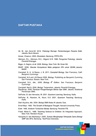 165DAFTAR PUSTAKA
KELOMPOK KOMPETENSI B
Ali, M., dan Asrori,M. 2014. Psikologi Remaja: Perkembangan Peserta Didik.
Jakarta: Bumi Aksara
Anwar, Chaerun. 2005. Ekosistem. Bandung: PPPG IPA.
Atkinson, R.L., Atkinson, R.C., Hilgard, E.R. 1996. Pengantar Psikologi, Jakarta:
Penerbit Erlangga.
Biggs, A. Hagins, et all. 2008. Biology. New York: Mc Graw Hill.
BNSP. 2006. Standar Kompetensi Mata pelajaran IPA untuk SD/MI,.Jakarta:
BNSP.
Campbell, N. A., & Reece, J. B. 2011. Campbell Biology. San Francisco, Calif:
Benjamin Cummings.
Campbell, N.A and J.B Reece 2009. Biology. Publishing as Benyamin Cumming
San Fransisco. Boston, New York.
Campbell, N.A., dkk., 2009. Biology 8th
Edition. San Francisco: Benjamin
Cummings
Campbell, Neil A. 2004. Biologi. Terjemahan. Jakarta: Penerbit Erlangga.
Depdiknas. 2008. Panduan Pengembangan Bahan Ajar SMA. Jakarta: Direktorat
Pembinaan SMA.
DePorter, B. dan Hernacks, M. 2001. Quantum Learning, Bandung: Kaifa.
DePorter, B., Reardon, M., Nouri, S.S. 2001. Quantum Teaching. Bandung:
Kaifa.
Diah Aryulina, dkk. 2004. Biologi SMA Kelas XI Jakarta: Esis.
Ernst Mayr. 1982. The Growth of Biological Thought. Harvard University Press.
Estiti. 1995. Anatomi Tumbuhan Berbiji. Bandung: Penerbit ITB.
Friedl, Alfred E.. 1986. Teaching Science to Children: An Integrated Approach,
New York: Random House
Hariyanto,S. dan Bambang I. 2005. Sukses Menghadapi Olimpiade Sains Biologi
SMP dan MTs. Bandung : NavPress Indonesia.
DAFTAR PUSTAKA
 