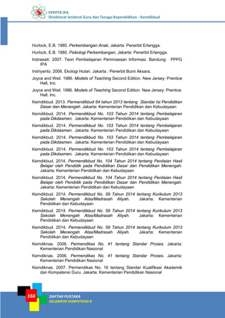 PPPPTK IPA
Direktorat Jenderal Guru dan Tenaga Kependidikan - Kemdikbud
DAFTAR PUSTAKA
KELOMPOK KOMPETENSI B
166
Hurlock, E.B. 1980. Perkembangan Anak, Jakarta: Penerbit Erlangga.
Hurlock, E.B. 1980. Psikologi Perkembangan, Jakarta: Penerbit Erlangga.
Indrawati. 2007. Teori Pembelajaran Pemrosesan Informasi. Bandung: PPPG
IPA
Indriyanto. 2006. Ekologi Hutan. Jakarta : Penerbit Bumi Aksara.
Joyce and Weil. 1986. Models of Teaching Second Edition. New Jersey: Prentice
Hall, Inc.
Joyce and Weil. 1986. Models of Teaching Second Edition. New Jersey: Prentice
Hall, Inc.
Kemdikbud. 2013. Permendikbud 64 tahun 2013 tentang Standar Isi Pendidikan
Dasar dan Menengah. Jakarta: Kementerian Pendidikan dan Kebudayaan
Kemdikbud. 2014. Permendikbud No. 103 Tahun 2014 tentang Pembelajaran
pada Dikdasmen. Jakarta: Kementerian Pendidikan dan Kebudayaan
Kemdikbud. 2014. Permendikbud No. 103 Tahun 2014 tentang Pembelajaran
pada Dikdasmen. Jakarta: Kementerian Pendidikan dan Kebudayaan
Kemdikbud. 2014. Permendikbud No. 103 Tahun 2014 tentang Pembelajaran
pada Dikdasmen. Jakarta: Kementerian Pendidikan dan Kebudayaan
Kemdikbud. 2014. Permendikbud No. 103 Tahun 2014 tentang Pembelajaran
pada Dikdasmen. Jakarta: Kementerian Pendidikan dan Kebudayaan
Kemdikbud. 2014. Permendikbud No. 104 Tahun 2014 tentang Penilaian Hasil
Belajar oleh Pendidik pada Pendidikan Dasar dan Pendidikan Menengah.
Jakarta: Kementerian Pendidikan dan Kebudayaan
Kemdikbud. 2014. Permendikbud No. 104 Tahun 2014 tentang Penilaian Hasil
Belajar oleh Pendidik pada Pendidikan Dasar dan Pendidikan Menengah.
Jakarta: Kementerian Pendidikan dan Kebudayaan
Kemdikbud. 2014. Permendikbud No. 59 Tahun 2014 tentang Kurikulum 2013
Sekolah Menengah Atas/Madrasah Aliyah. Jakarta: Kementerian
Pendidikan dan Kebudayaan
Kemdikbud. 2014. Permendikbud No. 59 Tahun 2014 tentang Kurikulum 2013
Sekolah Menengah Atas/Madrasah Aliyah. Jakarta: Kementerian
Pendidikan dan Kebudayaan
Kemdikbud. 2014. Permendikbud No. 59 Tahun 2014 tentang Kurikulum 2013
Sekolah Menengah Atas/Madrasah Aliyah. Jakarta: Kementerian
Pendidikan dan Kebudayaan
Kemdiknas. 2006. Permendikas No. 41 tentang Standar Proses. Jakarta:
Kementerian Pendidikan Nasional
Kemdiknas. 2006. Permendikas No. 41 tentang Standar Proses. Jakarta:
Kementerian Pendidikan Nasional
Kemdiknas. 2007. Permendikas No. 16 tentang Standar Kualifikasi Akademik
dan Kompetensi Guru. Jakarta: Kementerian Pendidikan Nasional
 