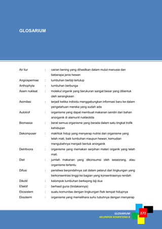 GLOSARIUM
KELOMPOK KOMPETENSI B
171
Air liur : cairan bening yang dihasilkan dalam mulut manusia dan
beberapa jenis hewan
Angiospermae : tumbuhan berbiji tertutup
Anthophyta : tumbuhan berbunga
Asam nukleat : molekul organik yang berukuran sangat besar yang dibentuk
oleh serangkaian
Asimilasi : terjadi ketika individu menggabungkan informasi baru ke dalam
pengetahuan mereka yang sudah ada
Autotrof : organisme yang dapat membuat makanan sendiri dari bahan
anorganik di alamunit nukleotida
Biomassa : berat semua organisme yang berada dalam satu tingkat trofik
kehidupan
Dekomposer : makhluk hidup yang menyerap nutrisi dari organisme yang
telah mati, baik tumbuhan maupun hewan, kemudian
mengubahnya menjadi bentuk anorganik
Detritivora : organisme yang memakan serpihan materi organik yang telah
mati.
Diet : jumlah makanan yang dikonsumsi oleh seseorang, atau
organisme tertentu
Difusi : peristiwa berpindahnya zat dalam pelarut dari lingkungan yang
berkonsentrasi tinggi ke bagian yang konsentrasinya rendah
Dikotil : kelompok tumbuhan berkeping biji dua
Efektif : berhasil guna (tindakannya)
Ekosistem : suatu komunitas dengan lingkungan fisik tempat hidupnya
Eksoterm : organisme yang memelihara suhu tubuhnya dengan menyerap
GLOSARIUM
 