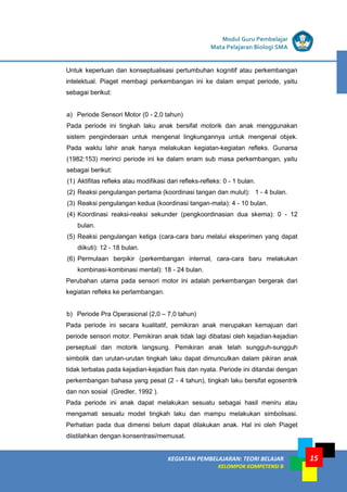 15
KEGIATAN PEMBELAJARAN 5 : TEORI BELAJAR
Modul Grade 1
KEGIATAN PEMBELAJARAN 5 : TEORI BELAJAR
Modul Grade 1
KEGIATAN PEMBELAJARAN: TEORI BELAJAR
KELOMPOK KOMPETENSI B
Modul Guru Pembelajar
Mata Pelajaran Biologi SMA
Untuk keperluan dan konseptualisasi pertumbuhan kognitif atau perkembangan
intelektual. Piaget membagi perkembangan ini ke dalam empat periode, yaitu
sebagai berikut:
a) Periode Sensori Motor (0 - 2,0 tahun)
Pada periode ini tingkah laku anak bersifat motorik dan anak menggunakan
sistem penginderaan untuk mengenal lingkungannya untuk mengenal objek.
Pada waktu lahir anak hanya melakukan kegiatan-kegiatan refleks. Gunarsa
(1982:153) merinci periode ini ke dalam enam sub masa perkembangan, yaitu
sebagai berikut:
(1) Aktifitas refleks atau modifikasi dari refleks-refleks: 0 - 1 bulan.
(2) Reaksi pengulangan pertama (koordinasi tangan dan mulut): 1 - 4 bulan.
(3) Reaksi pengulangan kedua (koordinasi tangan-mata): 4 - 10 bulan.
(4) Koordinasi reaksi-reaksi sekunder (pengkoordinasian dua skema): 0 - 12
bulan.
(5) Reaksi pengulangan ketiga (cara-cara baru melalui eksperimen yang dapat
diikuti): 12 - 18 bulan.
(6) Permulaan berpikir (perkembangan internal, cara-cara baru melakukan
kombinasi-kombinasi mental): 18 - 24 bulan.
Perubahan utama pada sensori motor ini adalah perkembangan bergerak dari
kegiatan refleks ke perlambangan.
b) Periode Pra Operasional (2,0 – 7,0 tahun)
Pada periode ini secara kualitatif, pemikiran anak merupakan kemajuan dari
periode sensori motor. Pemikiran anak tidak lagi dibatasi oleh kejadian-kejadian
perseptual dan motorik langsung. Pemikiran anak telah sungguh-sungguh
simbolik dan urutan-urutan tingkah laku dapat dimunculkan dalam pikiran anak
tidak terbatas pada kejadian-kejadian fisis dan nyata. Periode ini ditandai dengan
perkembangan bahasa yang pesat (2 - 4 tahun), tingkah laku bersifat egosentrik
dan non sosial (Gredler, 1992 ).
Pada periode ini anak dapat melakukan sesuatu sebagai hasil meniru atau
mengamati sesuatu model tingkah laku dan mampu melakukan simbolisasi.
Perhatian pada dua dimensi belum dapat dilakukan anak. Hal ini oleh Piaget
diistilahkan dengan konsentrasi/memusat.
 