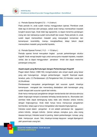 PPPPTK IPA
Direktorat Jenderal Guru dan Tenaga Kependidikan - Kemdikbud
KEGIATAN PEMBELAJARAN: TEORI BELAJAR
KELOMPOK KOMPETENSI B
16
c) Periode Operasi Kongkrit (7,0 - 11,0 tahun)
Pada periode ini, anak sudah mampu menggunakan operasi. Pemikiran anak
tidak lagi di dominasi oleh persepsi, sebab anak mampu memecahkan masalah
kongkrit secara logis. Anak tidak lagi egosentris, ia dapat menerima pandangan
orang lain dan bahasanya sudah komunikatif dan sosial. Pada periode ini, anak
sudah dapat memecahkan masalah yang menyangkut konservasi dan
kemampuan reversibility, mampu mengklasifikasi, tetapi belum dapat
memecahkan masalah yang bersifat hipotetis.
d) Periode Operasi Formal ( 11,0 - > 15 tahun )
Periode operasi formal merupakan tingkat puncak perkembangan struktur
kognitif. Anak remaja berpikir logis untuk semua jenis masalah hipotetis, masalah
verbal, dan ia dapat menggunakan penalaran ilmiah dan dapat menerima
pandangan orang lain.
Aspek-aspek yang Berhubungan dengan Perkembangan Kognitif
Piaget dalam Dahar (1989:156) mengemukakan ada empat aspek yang besar
yang ada hubungannya dengan perkembangan kognitif. Keempat aspek
tersebut, yaitu: (1) Pendewasaan; (2) Pengalaman fisik; (3) Interaksi sosial; dan
(4) Ekuilibrasi.
Pendewasaan merupakan pengembangan dari susunan syaraf, misalnya
kemampuan mengepal dan menendang disebabkan oleh kematangan yang
sudah dicapai oleh susunan syaraf dari individu.
Anak harus mempunyai pengalaman dengan benda-benda dan stimulus-stimulus
dalam lingkungan tempat ia bereaksi terhadap benda-benda itu. Akomodasi dan
asimilasi tidak dapat berlangsung kalau tidak ada interaksi antara individu
dengan lingkungannya. Anak tidak hanya harus mempunyai pengalaman
berinteraksi, tetapi juga ia harus mengadakan aksi kepada lingkungannya.
Interaksi sosial dalam pengertian di sini adalah pertukaran ide (gagasan)
antara individu dengan individu (teman sebaya, orangtua, guru, atau orang
dewasa lainnya). Interaksi sosial ini penting dalam perkembangan konsep yang
tidak mempunyai acuan fisik, misalnya konsep kejujuran sangat dipengaruhi
oleh penerimaan orang lain.
 