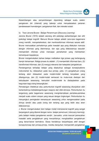 17
KEGIATAN PEMBELAJARAN 5 : TEORI BELAJAR
Modul Grade 1
KEGIATAN PEMBELAJARAN 5 : TEORI BELAJAR
Modul Grade 1
KEGIATAN PEMBELAJARAN: TEORI BELAJAR
KELOMPOK KOMPETENSI B
Modul Guru Pembelajar
Mata Pelajaran Biologi SMA
Keseimbangan atau penyeimbangan dipandang sebagai suatu sistem
pengaturan diri (internal) yang bekerja untuk menyelaraskan peranan
pendewasaan/ kematangan, pengalaman fisik, dan interaksi sosial.
b) Teori Jerome Bruner: Belajar Penemmuan (Discovery Learning)
Jerome Bruner (1915) adalah seorang ahli psikologi perkembangan dan ahli
psikologi belajar kognitif. Menurut Bruner belajar adalah cara-cara bagaimana
orang memilih, mempertahankan, dan mentransformasi informasi secara aktif.
Bruner memusatkan perhatiannya pada masalah apa yang dilakukan manusia
dengan informasi yang diterimanya, dan apa yang dilakukannya sesudah
memperoleh infomasi untuk mencapai pemahaman yang memberikan
kemampuan kepadanya.
Bruner mengemukakan bahwa belajar melibatkan tiga proses yag berlangsung
hampir bersamaan. Ketiga proses itu adalah : (1) memperoleh informasi baru, (2)
transformasi informasi, dan (3) menguji relevansi dan ketepatan pengetahuan.
Pandangannya terhadap belajar yang disebutnya sebagai konseptualisme
instrumental itu, didasarkan pada dua prinsip, yaitu: (1) pengetahuan orang
tentang alam didasarkan pada model-model tentang kenyataan yang
dibangunnya, dan (2) model-model semacam itu mula-mula diadopsi dari
kebudayaan seseorang, kemudian model-model itu diadaptasikan pada
kegunaan bagi orang bersangkutan.
Pematangan intelektual atau pertumbuhan kognitif seseorang ditunjukkan oleh
bertambahnya ketidaktergantungan respons dari sifat stimulus. Pertumbuhan itu
tergantung pada bagaimana seseorang menginternalisasi peristiwa-peristiwa
menjadi suatu sistem simpan yang sesuai dengan lingkungan. Pertumbuhan itu
menyangkut peningkatan kemampuan seseorang untuk mengemukakan pada
dirinya sendiri atau pada orang lain tentang apa yang telah atau akan
dilakukannya.
J. Bruner mengemukakan teori belajar model instruksional kognitif yang sangat
berpengaruh yang dikenal dengan nama belajar penemuan ( discovery learning),
yaitu belajar melalui pengalaman sendiri , berusaha untuk mencari pemecahan
masalah serta pengetahuan yang menyertainya, menghasilkan pengetahuan
yang benar-benar bermakna. Siswa hendaknya berpartisipasi aktif dengan
konsep-konsep dan prinsip-prinsip, mereka dianjurkan memperoleh pengalaman
 