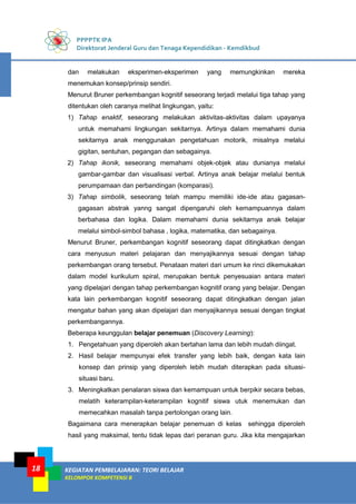 PPPPTK IPA
Direktorat Jenderal Guru dan Tenaga Kependidikan - Kemdikbud
KEGIATAN PEMBELAJARAN: TEORI BELAJAR
KELOMPOK KOMPETENSI B
18
dan melakukan eksperimen-eksperimen yang memungkinkan mereka
menemukan konsep/prinsip sendiri.
Menurut Bruner perkembangan kognitif seseorang terjadi melalui tiga tahap yang
ditentukan oleh caranya melihat lingkungan, yaitu:
1) Tahap enaktif, seseorang melakukan aktivitas-aktivitas dalam upayanya
untuk memahami lingkungan sekitarnya. Artinya dalam memahami dunia
sekitarnya anak menggunakan pengetahuan motorik, misalnya melalui
gigitan, sentuhan, pegangan dan sebagainya.
2) Tahap ikonik, seseorang memahami objek-objek atau dunianya melalui
gambar-gambar dan visualisasi verbal. Artinya anak belajar melalui bentuk
perumpamaan dan perbandingan (komparasi).
3) Tahap simbolik, seseorang telah mampu memiliki ide-ide atau gagasan-
gagasan abstrak yanng sangat dipengaruhi oleh kemampuannya dalam
berbahasa dan logika. Dalam memahami dunia sekitarnya anak belajar
melalui simbol-simbol bahasa , logika, matematika, dan sebagainya.
Menurut Bruner, perkembangan kognitif seseorang dapat ditingkatkan dengan
cara menyusun materi pelajaran dan menyajikannya sesuai dengan tahap
perkembangan orang tersebut. Penataan materi dari umum ke rinci dikemukakan
dalam model kurikulum spiral, merupakan bentuk penyesuaian antara materi
yang dipelajari dengan tahap perkembangan kognitif orang yang belajar. Dengan
kata lain perkembangan kognitif seseorang dapat ditingkatkan dengan jalan
mengatur bahan yang akan dipelajari dan menyajikannya sesuai dengan tingkat
perkembangannya.
Beberapa keunggulan belajar penemuan (Discovery Learning):
1. Pengetahuan yang diperoleh akan bertahan lama dan lebih mudah diingat.
2. Hasil belajar mempunyai efek transfer yang lebih baik, dengan kata lain
konsep dan prinsip yang diperoleh lebih mudah diterapkan pada situasi-
situasi baru.
3. Meningkatkan penalaran siswa dan kemampuan untuk berpikir secara bebas,
melatih keterampilan-keterampilan kognitif siswa utuk menemukan dan
memecahkan masalah tanpa pertolongan orang lain.
Bagaimana cara menerapkan belajar penemuan di kelas sehingga diperoleh
hasil yang maksimal, tentu tidak lepas dari peranan guru. Jika kita mengajarkan
 