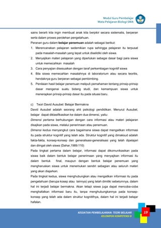 19
KEGIATAN PEMBELAJARAN 5 : TEORI BELAJAR
Modul Grade 1
KEGIATAN PEMBELAJARAN 5 : TEORI BELAJAR
Modul Grade 1
KEGIATAN PEMBELAJARAN: TEORI BELAJAR
KELOMPOK KOMPETENSI B
Modul Guru Pembelajar
Mata Pelajaran Biologi SMA
sains berarti kita ingin membuat anak kita berpikir secara sistematis, berperan
serta dalam proses perolehan pengetahuan.
Peranan guru dalam belajar penemuan adalah sebagai berikut:
1. Merencanakan pelajaran sedemikian rupa sehingga pelajaran itu terpusat
pada masalah-masalah yang tepat untuk diselidiki oleh siswa.
2. Menyajikan materi pelajaran yang diperlukan sebagai dasar bagi para siswa
untuk memecahkan masalah
3. Cara penyajian disesuaikan dengan taraf perkembagan kognitif siswa
4. Bila siswa memecahlan masalahnya di laboratorium atau secara teoritis,
hendaknya guru berperan sebagai pembimbing.
5. Penilaian hasil belajar penemuan meliputi pemahaman tentang prinsip-prinsip
dasar mengenai suatu bidang studi, dan kemampuan siswa untuk
menerapkan prinsip-prinsip dasar itu pada situasi baru.
c) Teori David Ausubel: Belajar Bermakna
David Ausubel adalah seorang ahli psikologi pendidikan. Menurut Ausubel,
belajar dapat diklasifikasikan ke dalam dua dimensi, yaitu:
Dimensi pertama berhubungan dengan cara informasi atau materi pelajaran
disajikan pada siswa, melalui penerimaan atau penemuan.
Dimensi kedua menyangkut cara bagaimana siswa dapat mengaitkan informasi
itu pada struktur kognitif yang telah ada. Struktur kognitif yang dimaksud adalah
fakta-fakta, konsep-konsep dan generalisasi-generalisasi yang telah dipelajari
dan diingat oleh siswa (Dahar,1989:110)
Pada tingkat pertama dalam belajar, informasi dapat dikomunikasikan pada
siswa baik dalam bentuk belajar penerimaan yang menyajikan informasi itu
dalam bentuk final, maupun dengan bentuk belajar penemuan yang
mengharuskan siswa untuk menemukan sendiri sebagian atau seluruh materi
yang akan diajarkan.
Pada tingkat kedua, siswa menghubungkan atau mengaitkan informasi itu pada
pengetahuan (berupa kosep atau lainnya) yang telah dimiliki sebelumnya, dalam
hal ini terjadi belajar bermakna. Akan tetapi siswa juga dapat mencoba-coba
menghafalkan informasi baru itu, tanpa menghubungkannya pada konsep-
konsep yang telah ada dalam struktur kognitifnya, dalam hal ini terjadi belajar
hafalan.
 