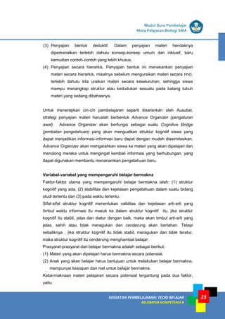 23
KEGIATAN PEMBELAJARAN 5 : TEORI BELAJAR
Modul Grade 1
KEGIATAN PEMBELAJARAN 5 : TEORI BELAJAR
Modul Grade 1
KEGIATAN PEMBELAJARAN: TEORI BELAJAR
KELOMPOK KOMPETENSI B
Modul Guru Pembelajar
Mata Pelajaran Biologi SMA
(3) Penyajian bentuk deduktif. Dalam penyajian materi hendaknya
diperkenalkan terlebih dahulu konsep-konsep umum dan inklusif, baru
kemudian contoh-contoh yang lebih khusus.
(4) Penyajian secara hierarkis. Penyajian bentuk ini menekankan penyajian
materi secara hierarkis, misalnya sebelum menguraikan materi secara rinci,
terlebih dahulu kita uraikan materi secara keseluruhan, sehingga siswa
mampu menangkap struktur atau kedudukan sesuatu pada batang tubuh
materi yang sedang dibahasnya.
Untuk menerapkan ciri-ciri pembelajaran seperti disarankan oleh Ausubel,
strategi penyajian materi haruslah berbentuk Advance Organizer (pengaturan
awal). Advance Organizer akan berfungsi sebagai suatu Cognitive Bridge
(jembatan pengetahuan) yang akan menguatkan struktur kognitif siswa yang
dapat menjadikan informasi-informasi baru dapat dengan mudah diasimilasikan.
Advance Organizer akan mengarahkan siswa ke materi yang akan dipelajari dan
menolong mereka untuk mengingat kembali informasi yang berhubungan, yang
dapat digunakan membantu menanamkan pengetahuan baru.
Variabel-variabel yang mempengaruhi belajar bermakna
Faktor-faktor utama yang mempengaruhi belajar bermakna ialah: (1) struktur
kognitif yang ada, (2) stabilitas dan kejelasan pengetahuan dalam suatu bidang
studi tertentu dan (3) pada waktu tertentu.
Sifat-sifat struktur kognitif menentukan validitas dan kejelasan arti-arti yang
timbul waktu informasi itu masuk ke dalam struktur kognitif itu, jika struktur
kognitif itu stabil, jelas dan diatur dengan baik, maka akan timbul arti-arti yang
jelas, sahih atau tidak meragukan dan cenderung akan bertahan. Tetapi
sebaliknya , jika struktur kognitif itu tidak stabil, meragukan dan tidak teratur,
maka struktur kognitif itu cenderung menghambat belajar.
Prasyarat-prasyarat dari belajar bermakna adalah sebagai berikut:
(1) Materi yang akan dipelajari harus bermakna secara potensial.
(2) Anak yang akan belajar harus bertujuan untuk melakukan belajar bermakna,
mempunyai kesiapan dan niat untuk belajar bermakna.
Kebermaknaan materi pelajaran secara potensial tergantung pada dua faktor,
yaitu:
 