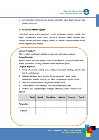 29
KEGIATAN PEMBELAJARAN 5 : TEORI BELAJAR
Modul Grade 1
KEGIATAN PEMBELAJARAN 5 : TEORI BELAJAR
Modul Grade 1
KEGIATAN PEMBELAJARAN: TEORI BELAJAR
KELOMPOK KOMPETENSI B
Modul Guru Pembelajar
Mata Pelajaran Biologi SMA
c. Memperhatikan interaksi sosial dengan melibatkan siswa dalam diskusi kelas
maupun kelompok.
D. Aktivitas Pembelajaran
Untuk lebih memahami tentang teori, model, pendekatan, strategi, metode, dan
teknik pembelajaran Anda dapat membaca berbagai artikel, handout atau
sumber bacaan yang lebih lengkap, setelah itu lakukan kegiatan berikut sesuai
lembar kegiatan yang tersedia
Lembar Kegiatan 1.
Teori, model, pendekatan, strategi, metode, dan teknik pembelajaran
Tujuan Kegiatan
Melalui diskusi kelompok peserta mampu membedakan pengertian istilah Teori,
model, pendekatan, strategi, metode, dan teknik pembelajaran
Langkah Kegiatan
1. Pelajari hand out tentang teori, model, pendekatan, strategi, metode, dan
teknik pembelajaran
2. Isilah lembar kerja yang tersedia dengan pengertian teori, model,
pendekatan, strategi, metode, dan teknik pembelajaran secara singkat
3. Berikan contohnya sesuai dengan pembelajaran IPA
4. Setelah selesai, presentasikan hasil diskusi kelompok Anda!
5. Perbaiki hasil kerja kelompok Anda jika ada masukan dari kelompok lain!
Format
Teori Model Pendekatan Metode Strategi Teknik
Pengertian
Contoh
 