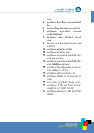 LISTRIK untuk SMP
PENDAHULUAN
KELOMPOK KOMPETENSI B
Modul Guru Pembelajar
Mata Pelajaran Biologi SMA
3
hayati
5. Menjelaskan faktor-faktor penurunan kehati
dan
6. Mengidentifikasi dampak penurunan kehati
7. Menjelaskan upaya-upaya konservasi
sumber daya hayati
8. Menjelaskan sistem klasifikasi makhluk
hidup
9. Membuat kunci determinasi makhluk hidup
sederhana
10. Menjelaskan pengertian jaringan
11. Menjelaskan pengertian organ
12. Menjelaskan keterkaitan antara struktur dan
fungsi akar tumbuhan
13. Menjelaskan keterkaitan antara struktur dan
fungsi pada batang tumbuhan
14. Menjelaskan keterkaitan antara struktur dan
fungsi pada daun tumbuhan
15. Menjelaskan perkembangan teori sel.
16. Menjelaskan struktur sel tumbuhan dan sel
hewan
17. Membedakan sel tumbuhan dan sel hewan
18. Menjelaskan struktur dan fungsi membran
berdasarkan teori mosaik membran
19. Menjelaskan struktur dan fungsi sitoskeleton
pada sel
 