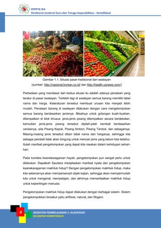 PPPPTK IPA
Direktorat Jenderal Guru dan Tenaga Kependidikan - Kemdikbud
KEGIATAN PEMBELAJARAN 1: KLASIFIKASI
KELOMPOK KOMPETENSI B
8
Gambar 1.1. Situasi pasar tradisional dan swalayan
(sumber: http://nasional.kontan.co.id/ dan http://health.usnews.com/)
Perbedaan yang mendasar dari kedua situasi itu adalah adanya penataan yang
teratur di pasar swalayan. Terlebih lagi di swalayan semua barang memiliki label
nama dan harga. Keteraturan tersebut membuat urusan kita menjadi lebih
mudah. Penataan barang di swalayan dilakukan dengan cara mengelompokan
semua barang berdasarkan jenisnya. Misalnya untuk golongan buah-buahan,
ditempatkan di blok khusus, jenis-jenis pisang ditempatkan secara berdekatan,
kemudian jenis-jenis pisang tersebut dipilah-pilah kembali berdasarkan
variasinya, ada Pisang Kepok, Pisang Ambon, Pisang Tanduk, dan sebagainya.
Masing-masing jenis tersebut diberi label nama dan harganya, sehingga kita
sebagai pembeli tidak akan bingung untuk mencari jenis yang belum kita ketahui.
Itulah manfaat pengelompokan yang dapat kita rasakan dalam kehidupan sehari-
hari.
Pada konteks keanekaragaman hayati, pengelompokan pun sangat perlu untuk
dilakukan. Dapatkah Saudara menjelaskan manfaat nyata dari pengelompokan
keanekaragaman makhluk hidup? Dengan pengelompokan makhluk hidup, maka
kita sebenarnya akan mempersempit objek kajian, sehingga akan mempermudah
kita untuk mengenal, mempelajari, dan akhirnya memanfaatkan makhluk hidup
untuk kepentingan manusia.
Pengelompokan makhluk hidup dapat dilakukan dengan berbagai sistem. Sistem
pengelompokkan tersebut yaitu artifisial, natural, dan filogeni.
 