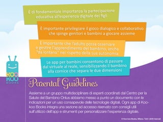 © Koo-koo Books, Milano. Tutti i diritti riservati
Assieme a un gruppo multidisciplinare di esperti coordinati dal Centro per la
Salute del Bambino Onlus abbiamo messo a punto un documento con le
indicazioni per un uso consapevole delle tecnologie digitali. Ogni app di Koo-
koo Books integra una sezione ad accesso riservato con consigli utili
sull’utilizzo dell’app e strumenti per personalizzare l’esperienza digitale.
È di fondamentale importanza la partecipazione 
educa2va all’esperienza digitale dei ﬁgli
È importante privilegiare il gioco dialogico e collabora2vo 
che spinge genitori e bambini a giocare assieme
È importante che l’adulto possa osservare 
e ges2re l’apprendimento del bambino, anche 
“da lontano” nel rispe=o della sua autonomia
Le app per bambini consentono di passare 
dal virtuale al reale, sensibilizzando il bambino 
alla cornice che separa le due dimensioni
Parental Guidelines
 