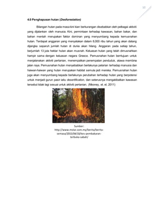 10
4.0 Penghapusan hutan (Desforestation)
Bilangan hutan pada masa kini kian berkurangan disebabkan oleh pelbagai aktiviti
yang dijalankan oleh manusia. Kini, permintaan terhadap kawasan, bahan bakar, dan
bahan mentah merupakan faktor dominan yang menyumbang kepada kemusnahan
hutan. Terdapat anggaran yang menyatakan dalam 8,000 ribu tahun yang akan datang
dijangka separuh jumlah hutan di dunia akan hilang. Anggaran pada setiap tahun,
berjumlah 13 juta hektar hutan akan musnah. Keluasan hutan yang telah dimusnahkan
hampir sama dengan keluasan negara Greece. Pemusnahan hutan berrtujuan untuk
menjalanakan aktiviti pertanian, menempatkan penempatan penduduk, atawa membina
jalan raya. Pemusnahan hutan menyebabkan berlakunya pelarian terhadap manusia dan
haiwan-haiwan yang hutan merupakan habitat semula jadi mereka. Pemusnahan hutan
juga akan menyumbang kepada berlakunya perubahan terhadap hutan yang berpotensi
untuk menjadi gurun pasir iaitu desertification, dan seterusnya mengakibatkan kawasan
tersebut tidak lagi sesuai untuk aktiviti pertanian. (Mooney, et. el, 2011)
Sumber:
http://www.mstar.com.my/berita/berita-
semasa/2015/04/10/kes-pembakaran-
terbuka-sabah/
 