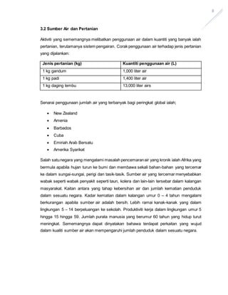 8
3.2 Sumber Air dan Pertanian
Aktiviti yang sememangnya melibatkan penggunaan air dalam kuantiti yang banyak ialah
pertanian, terutamanya sistem pengairan. Corak penggunaan air terhadap jenis pertanian
yang dijalankan:
Jenis pertanian (kg) Kuantiti penggunaan air (L)
1 kg gandum 1,000 liter air
1 kg padi 1,400 liter air
1 kg daging lembu 13,000 liter airs
Senarai penggunaan jumlah air yang terbanyak bagi peringkat global ialah;
 New Zealand
 Amenia
 Barbados
 Cuba
 Emiriah Arab Bersatu
 Amerika Syarikat
Salah satunegara yang mengalami masalah pencemaranair yang kronik ialah Afrika yang
bermula apabila hujan turun ke bumi dan membawa sekali bahan-bahan yang tercemar
ke dalam sungai-sungai, perigi dan tasik-tasik. Sumber air yang tercemar menyebabkan
wabak seperti wabak penyakit seperti taun, kolera dan lain-lain tersebar dalam kalangan
masyarakat. Kaitan antara yang tahap kebersihan air dan jumlah kematian penduduk
dalam sesuatu negara. Kadar kematian dalam kalangan umur 0 – 4 tahun mengalami
berkurangan apabila sumber air adalah bersih. Lebih ramai kanak-kanak yang dalam
lingkungan 5 – 14 berpeluangan ke sekolah. Produktiviti kerja dalam lingkungan umur 5
hingga 15 hingga 59. Jumlah purata manusia yang berumur 60 tahun yang hidup turut
meningkat. Sememangnya dapat dinyatakan bahawa terdapat perkaitan yang wujud
dalam kualiti sumber air akan mempengaruhi jumlah penduduk dalam sesuatu negara.
 