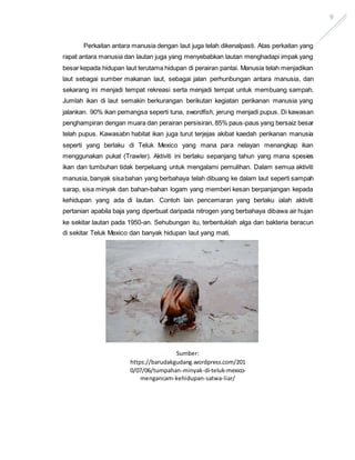 9
Perkaitan antara manusia dengan laut juga telah dikenalpasti. Atas perkaitan yang
rapat antara manusia dan lautan juga yang menyebabkan lautan menghadapi impak yang
besar kepada hidupan laut terutama hidupan di perairan pantai. Manusia telah menjadikan
laut sebagai sumber makanan laut, sebagai jalan perhunbungan antara manusia, dan
sekarang ini menjadi tempat rekreasi serta menjadi tempat untuk membuang sampah.
Jumlah ikan di laut semakin berkurangan berikutan kegiatan perikanan manusia yang
jalankan. 90% ikan pemangsa seperti tuna, swordfish, jerung menjadi pupus. Di kawasan
penghampiran dengan muara dan perairan persisiran, 85% paus-paus yang bersaiz besar
telah pupus. Kawasabn habitat ikan juga turut terjejas akibat kaedah perikanan manusia
seperti yang berlaku di Teluk Mexico yang mana para nelayan menangkap ikan
menggunakan pukat (Trawler). Aktiviti ini berlaku sepanjang tahun yang mana spesies
ikan dan tumbuhan tidak berpeluang untuk mengalami pemulihan. Dalam semua aktiviti
manusia, banyak sisabahan yang berbahaya telah dibuang ke dalam laut seperti sampah
sarap, sisa minyak dan bahan-bahan logam yang memberi kesan berpanjangan kepada
kehidupan yang ada di lautan. Contoh lain pencemaran yang berlaku ialah aktiviti
pertanian apabila baja yang diperbuat daripada nitrogen yang berbahaya dibawa air hujan
ke sekitar lautan pada 1950-an. Sehubungan itu, terbentuklah alga dan bakteria beracun
di sekitar Teluk Mexico dan banyak hidupan laut yang mati.
Sumber:
https://barudakgudang.wordpress.com/201
0/07/06/tumpahan-minyak-di-teluk-mexico-
mengancam-kehidupan-satwa-liar/
 