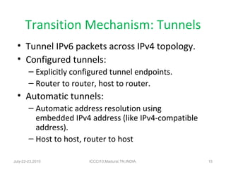Transition Mechanism: Tunnels Tunnel IPv6 packets across IPv4 topology. Configured tunnels: Explicitly configured tunnel endpoints. Router to router, host to router. Automatic tunnels: Automatic address resolution using embedded IPv4 address (like IPv4-compatible address). Host to host, router to host July-22-23,2010 ICCCI10,Madurai,TN,INDIA. 