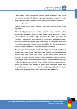 LISTRIK untuk SMP
KEGIATAN PEMBELAJARAN 1: PERTUMBUHAN DAN PERKEMBANGAN PADA MAKHLUK HIDUP
KELOMPOK KOMPETENSI C
Modul Guru Pembelajar
Mata Pelajaran Biologi SMA
21
Faktor genetik harus bekerjasama dengan faktor lingkungan untuk dapat
memuncukan sifat (fenotif). Bahkan lingkungan itulah yang pengaruhnya lebih
besar. Para ahli genetika mengungkapkan pernyataan itu dalam suatu rumus:
F = G + E
Diartikan variasi fentotif adalah gabungan dari variasi genetik dengan variasi
lingkungan.
Dalam kehidupan sehari-hari misalnya banyak orang meyakini bahwa
kemampuan seseorang ditentukan oleh bakat (faktor keturunan), namun
demikian harus pula disertai dengan pendidikan dan latihan yang baik dan
memadai. Dalam jangka panjang pengaruh lingkungan ini tidak saja mengubah
munculnya penotif dari genotif yang ada dalam sel organisme. Ligkungan
menyebabkan perubahan struktur makromolekul DNA dan diekspresikan dalam
sifat-sifat fenotip mahluk hidup, inilah akar penyebab dari evolusi.
Manusia dapat menyebabkan evolusi terjadi dengan cepat terjadi pada tanman
budidaya dan hewan ternak. Para petani pada awalnya memperoleh bibit-bibit
tanaman dari alam bebas, tapi selama ratusan tahun petani melakukan
pemuiaan tanaman (seleksi) dengan mengembangbiakan tanaman-tanaman
yang unggul, dengan demikian diperoleh tanaman yanga ada seperti sekarang
ini. Demikian pula dengan peternak. Pada awalnya manusia memperoleh hewan-
hewan liar dengan cara berburu di hutan ataui hutan/alam bebas. Bisa
dibayangkan asalnya hewan itu bersifat liar, produksinya sedikit, tetapi setelah
ratusan tahun terciptalah ternak unggul seperti yang ada sekarang ini.
 