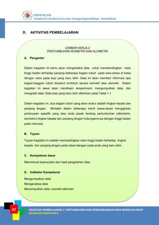 PPPPTK IPA
Direktorat Jenderal Guru dan Tenaga Kependidikan - Kemdikbud
KEGIATAN PEMBELAJARAN 1: PERTUMBUHAN DAN PERKEMBANGAN PADA MAKHLUK HIDUP
KELOMPOK KOMPETENSI C
22
D. AKTIVITAS PEMBELAJARAN
LEMBAR KERJA-2
PERTUMBUHAN ISOMETRI DAN ALOMETRI
A. Pengantar
Dalam kegiatan ini kamu akan mengkoleksi data untuk membandingkan rasio
tinggi badan terhadap panjang baberapa bagian tubuh pada sisw-siswa di kelas
dengan rasio pada bayi yang baru lahir. Data ini akan memberi informasi apa
bagian-baggian tubuh tersebut tumbbuh secara isometri atau alometri. Dalam
kegiatan ini sewa akan mendisain eksperiment, mengumpulkan data, dan
mengolah data. Data bayi yang baru lahir diberikan pada Tabel 1.1
Dalam kegiatan ini, dua bagian tubuh yang akan diukur adalah lingkar kepala dan
panjang lengan. Mintalah dalam beberapa menit siswa-siswa mengajukan
pertanyaan spesifik yang bisa anda jawab tentang pertumbuhan (allometric,
isometric) lingkar kepala dan panjang lengan hubungannnya dengan tinggi badan
pada manusia.
B. Tujuan
Tujuan kegiatan ini adalah membadingkan rasio tinggi badan terhadap lingkar
kepala dan panjang lengan pada siswa dengan pada anak yang baru lahir.
C. Kompetensi dasar
Memmbuat kesimpulan dari hasil pengolahan data
D. Indikator Kompetensi
Mengumpulkan data
Menganalisis data
Menyimpulkan data: isometri-allometri
 