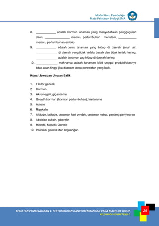 LISTRIK untuk SMP
KEGIATAN PEMBELAJARAN 1: PERTUMBUHAN DAN PERKEMBANGAN PADA MAKHLUK HIDUP
KELOMPOK KOMPETENSI C
Modul Guru Pembelajar
Mata Pelajaran Biologi SMA
29
8. ____________ adalah hormon tanaman yang menyebabkan pengguguran
daun, _______________ memicu pertumbuhan meristem, ___________
memicu pertumbuhan embrio.
9. ____________ adalah jenis tanaman yang hidup di daerah jenuh air,
_____________ di daerah yang tidak terlalu basah dan tidak terlalu kering,
_____________ adalah tanaman yag hidup di daerah kering.
10. _____________ maknanya adalah tanaman bibit unggul produktivitasnya
tidak akan tinggi jika ditanam tanpa perawatan yang baik.
Kunci Jawaban Umpan Balik
1. Faktor genetik
2. Hormon
3. Akromegali, gigantisme
4. Growth hormon (hormon pertumbuhan), kretinisme
5. Auksin
6. Rizokalin
7. Altitude, latitude, tanaman hari pendek, tanaman netral, panjang penyinaran
8. Absisisn auksin, giberelin
9. Hidrofit, Mesofit, Xerofit
10. Interaksi genetik dan lingkungan
 