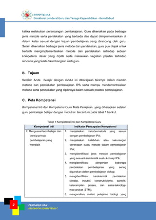 PPPPTK IPA
Direktorat Jenderal Guru dan Tenaga Kependidikan - Kemdikbud
PENDAHULUAN
KELOMPOK KOMPETENSI C
2
ketika melakukan perancangan pembelajaran. Guru dikenalkan pada berbagai
jenis metode serta pendekatan yang berbeda dan dapat diimplementasikan di
dalam kelas sesuai dengan tujuan pembelajaran yang dirancang oleh guru.
Selain dikenalkan berbagai jenis metode dan pendekatan, guru pun diajak untuk
berlatih mengimplementasikan metode dan pendekatan terhadap sebuah
kompetensi dasar yang dipilih serta melakukan kegiatan praktek terhadap
rencana yang telah dikembangkan oleh guru.
B. Tujuan
Setelah Anda belajar dengan modul ini diharapkan terampil dalam memilih
metode dan pendekatan pembelajaran IPA serta mampu mendemontrasikan
metode serta pendekatan yang dipilihnya dalam sebuah praktek pembelajaran.
C. Peta Kompetensi
Kompetensi Inti dan Kompetensi Guru Mata Pelajaran yang diharapkan setelah
guru pembelajar belajar dengan modul ini tercantum pada tabel 1 berikut.
Tabel 1 Kompetensi Inti dan Kompetensi Guru
Kompetensi Inti Indikator Pencapaian Kompetensi
2. Menguasai teori belajar dan
prinsip-prinsip
pembelajaran yang
mendidik
1. menjelaskan metode-metode yang sesuai
dengan pembelajaran IPA;
2. menjelaskan kelebihan atau kekurangan
penerapan suatu metode dalam pembelajaran
IPA;
3. mengidentifikasi jenis metode pembelajaran
yang sesuai karakteristik suatu konsep IPA;
4. mengidentifikasi pengertian beberapa
pendekatan pembelajaran yang sering
digunakan dalam pembelajaran biologi;
5. mengidentifikasi karakteristik pendekatan
konsep, induktif, konstruktivisme, saintifik,
keterampilan proses, dan sains-teknologi-
masyarakat (STM);
6. menganalisis materi pelajaran biologi yang
 