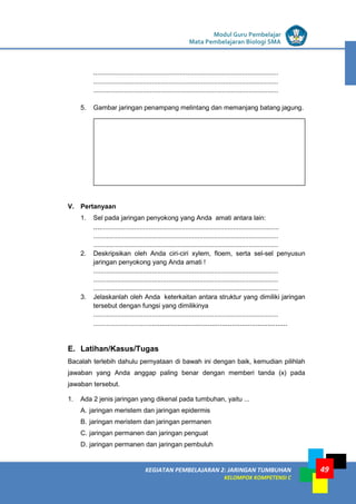 LISTRIK untuk SMP
KEGIATAN PEMBELAJARAN 2: JARINGAN TUMBUHAN
KELOMPOK KOMPETENSI C
Modul Guru Pembelajar
Mata Pembelajaran Biologi SMA
49
.....................................................................................................
.....................................................................................................
.....................................................................................................
5. Gambar jaringan penampang melintang dan memanjang batang jagung.
V. Pertanyaan
1. Sel pada jaringan penyokong yang Anda amati antara lain:
.....................................................................................................
.....................................................................................................
.....................................................................................................
2. Deskripsikan oleh Anda ciri-ciri xylem, floem, serta sel-sel penyusun
jaringan penyokong yang Anda amati !
.....................................................................................................
.....................................................................................................
.....................................................................................................
3. Jelaskanlah oleh Anda keterkaitan antara struktur yang dimiliki jaringan
tersebut dengan fungsi yang dimilikinya
.....................................................................................................
....................................................................................................
E. Latihan/Kasus/Tugas
Bacalah terlebih dahulu pernyataan di bawah ini dengan baik, kemudian pilihlah
jawaban yang Anda anggap paling benar dengan memberi tanda (x) pada
jawaban tersebut.
1. Ada 2 jenis jaringan yang dikenal pada tumbuhan, yaitu ...
A. jaringan meristem dan jaringan epidermis
B. jaringan meristem dan jaringan permanen
C. jaringan permanen dan jaringan penguat
D. jaringan permanen dan jaringan pembuluh
 