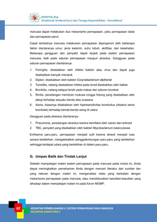 PPPPTK IPA
Direktorat Jenderal Guru dan Tenaga Kependidikan - Kemdikbud
KEGIATAN PEMBELAJARAN 3: SISTEM PERNAFASAN PADA MANUSIA
KELOMPOK KOMPETENSI C
82
manusia dapat melakukan dua mekanisme pernapasan, yaitu pernapasan dada
dan pernapasan perut.
Cepat lambatnya manusia melakukan pernapasan dipengaruhi oleh beberapa
faktor diantaranya umur, jenis kelamin, suhu tubuh, aktifitas, dan kesehatan.
Beberapa gangguan dan penyakit dapat terjadi pada sistem pernapasan
manusia, baik pada saluran pernapasan maupun alveolus. Gangguan pada
saluran pernapasan diantaranya:
1. Faringitis, disebabkan oleh infeksi bakteri atau virus dan dapat juga
disebabkan banyak merokok
2. Dipteri, disebabkan oleh bakteri Corynebacterium diptherial
3. Tonsilitis, radang disebabkan infeksi pada tonsil disebabkan oleh bakter
4. Bronkitis, radang selaput lendir pada trakea dan saluran bronkial
5. Rinitis, peradangan membran mukosa rongga hidung yang disebabkan oleh
alergi terhadap sesuatu benda atau suasana
6. Asma, biasanya disebabkan oleh hipersensitivitas bronkiolus (disebut asma
bronkiale) terhadap benda-benda asing di udara
Gangguan pada alveolus diantaranya :
1. Pneumonia, peradangan alveolus karena terinfeksi oleh cairan dan eritrosit
2. TBC, penyakit yang disebabkan oleh bakteri Mycobacterium tuberculosae
Emfisema paru-paru, pernapasan menjadi sulit karena alveoli menjadi luas
secara berlebihan, mengakibatkan penggelembungan paru-paru yang berlebihan
sehingga terdapat udara yang berlebihan di dalam paru-paru.
G. Umpan Balik dan Tindak Lanjut
Setelah mempelajari materi sistem pernapasan pada manusia pada modul ini, Anda
dapat meningkatkan pemahaman Anda dengan mencari literatur dari sumber lain
yang relevan dengan materi ini, menganalisis video yang berkaitan dengan
mekanisme pernapasan pada manusia, atau mendiskusikan kesulitan-kesulitan yang
dihadapi dalam mempelajari materi ini pada forum MGMP.
 