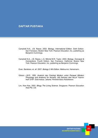 DAFTAR PUSTAKA
KELOMPOK KOMPETENSI C
93
Camphell N.A., J.B. Reece. 2002. Biology. International Edition. Sixth Edition.
San Fransisco, Boston New York: Pearson Education, Inc, publishing as
Benjamin Cummings.
Camphell N.A., J.B. Reece, L.G. Mitchel M.R. Taylor. 2003. Biology. Concepst &
Connections. Fourth Edition. San Fransisco. California, Boston New
York: Pearson Education, Inc, publishing as Benjamin Cummings.
Evan, Barabara, et. all. 2007. Biology 2 4th Edition. Melbourne: Heinemann.
Gibson J.M.D. 1995. Anatomi dan Fisiologi Modern untuk Perawat (Modern
Phsyology and Anatomy for Nurses). Alih Bahasa oleh NiLuh Yasmin
Asih S.KP. Edisi kedua. Jakarta: Penerbit Buku Kedokteran.
Lim, How Kee. 2002. Bilogy The Living Science. Singapore: Pearson Education
Asia Pte. Ltd.
DAFTAR PUSTAKA
 