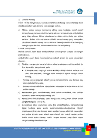 KEGIATAN PEMBELAJARAN: METODE DAN PENDEKATAN DALAM PEMBELAJARAN BIOLOGI
KELOMPOK KOMPTENSI C
Modul Guru Pembelajar
Mata Pelajaran Biologi SMA
17
2) Dimensi Konsep
Flaiell (1970) menyarankan, bahwa pemahaman terhadap konsep-konsep dapat
dibedakan dalam tujuh dimensi yaitu sebagai berikut.
a) Atribut, setiap konsep mempunyai atribut yang berbeda, contoh-contoh
konsep harus mempunyai atribut yang relevan; termasuk juga atribut-atribut
yang tidak relevan. Atribut dibedakan ke dalam atribut kritis dan atribut
variabel. Atribut kritis merupakan ciri-ciri utama konsep yang merupakan
penjabaran definisi konsep. Atribut variabel menunjukan ciri-ciri konsep yang
nilainya dapat berubah, namun besaran dan satuannya tetap.
Contoh konsep asam.
Definisi konsep: Asam dapat mentransferkan sebuah proton ke spesi kekurangan
proton (basa).
Atribut kritis: asam dapat mentransferkan sebuah proton ke spesi kekurangan
elektron.
b) Struktur, menyangkut cara terkaitnya atau tergabungnya atribut-atribut itu.
Ada tiga stuktur yang dikenal, yaitu:
• Konsep-konsep konjungtif adalah konsep-konsep dimana terdapat dua
atau lebih sifat-sifat, sehingga dapat memenuhi syarat sebagai contoh
konsep.
• Konsep-konsep disjungtif adalah konsep-konsep dimana satu dari dua atau
lebih sifat-sifat harus ada.
• Konsep-konsep relasional menyatakan hubungan tertentu antara atribut-
atribut konsep.
c) Keabstrakan, yaitu konsep-konsep dapat dilihat dan konkret, atau konsep-
konsep itu terdiri dari konsep-konsep lain.
d) Keinklusifan (inclusiveness), yaitu ditunjukkan pada jumlah contoh-contoh
yang terlibat pada konsep itu.
e) Generalisasi atau keumuman, yaitu bila diklasifikasikan, konsep-konsep
dapat berbeda pada posisi superordinatatausubordinatnya. Contoh
posisisuperordinat dari konsep asam adalah konsep elektrolit, sedangkan
sub ordinat konsep asam adalah asam lemah dan reaksi transfer proton.
Makin umum suatu konsep, makin banyak asosiasi yang dapat dibuat
dengan konsep-konsep lainnya
 