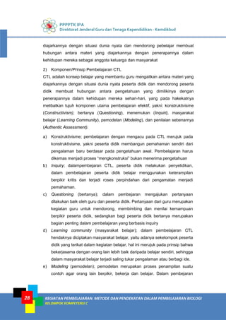 PPPPTK IPA
Direktorat Jenderal Guru dan Tenaga Kependidikan - Kemdikbud
KEGIATAN PEMBELAJARAN: METODE DAN PENDEKATAN DALAM PEMBELAJARAN BIOLOGI
KELOMPOK KOMPETENSI C
28
diajarkannya dengan situasi dunia nyata dan mendorong pebelajar membuat
hubungan antara materi yang diajarkannya dengan penerapannya dalam
kehidupan mereka sebagai anggota keluarga dan masyarakat
2) Komponen/Prinsip Pembelajaran CTL
CTL adalah konsep belajar yang membantu guru mengaitkan antara materi yang
diajarkannya dengan situasi dunia nyata peserta didik dan mendorong peserta
didik membuat hubungan antara pengetahuan yang dimilikinya dengan
penerapannya dalam kehidupan mereka sehari-hari, yang pada hakekatnya
melibatkan tujuh komponen utama pembelajaran efektif, yakni: konstruktivisme
(Constructivism), bertanya (Questioning), menemukan (Inquiri), masyarakat
belajar (Learning Community), pemodelan (Modeling), dan penilaian sebenarnya
(Authentic Assessment).
a) Konstruktivisme; pembelajaran dengan mengacu pada CTL merujuk pada
konstruktivisme, yakni peserta didik membangun pemahaman sendiri dari
pengalaman baru berdasar pada pengetahuan awal. Pembelajaran harus
dikemas menjadi proses “mengkonstruksi” bukan menerima pengetahuan
b) Inquiry; dalampembejaran CTL, peserta didik melakukan penyelidikan,
dalam pembelajaran peserta didik belajar menggunakan keterampilan
berpikir kritis dan terjadi roses perpindahan dari pengamatan menjadi
pemahaman.
c) Questioning (bertanya); dalam pembejaran mengajukan pertanyaan
dilakukan baik oleh guru dan peserta didik. Pertanyaan dari guru merupakan
kegiatan guru untuk mendorong, membimbing dan menilai kemampuan
berpikir peserta didik, sedangkan bagi peserta didik bertanya merupakan
bagian penting dalam pembelajaran yang berbasis inquiry
d) Learning community (masyarakat belajar); dalam pembelajaran CTL
hendaknya diciptakan masyarakat belajar, yaitu adanya sekelompok peserta
didik yang terikat dalam kegiatan belajar, hal ini merujuk pada prinsip bahwa
bekerjasama dengan orang lain lebih baik daripada belajar sendiri, sehingga
dalam masyarakat belajar terjadi saling tukar pengalaman atau berbagi ide.
e) Modeling (pemodelan); pemodelan merupakan proses penampilan suatu
contoh agar orang lain berpikir, bekerja dan belajar. Dalam pembejaran
 