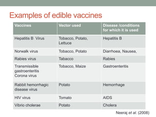 Examples of edible vaccines
Vaccines Vector used Disease /conditions
for which it is used
Hepatitis B Virus Tobacco, Potato,
Lettuce
Hepatitis B
Norwalk virus Tobacco, Potato Diarrhoea, Nausea,
Rabies virus Tabacco Rabies
Transmissible
gastroenteritis
Corona virus
Tobacco, Maize Gastroenteritis
Rabbit hemorrhagic
disease virus
Potato Hemorrhage
HIV virus Tomato AIDS
Vibrio cholerae Potato Cholera
Neeraj et al. (2008)
 