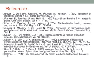 References
Breyer, D, De Schrin, Gossens, M., Pauwels, K., Heeman, P. (2012) Biosafety of
molecular farming in GM plants. Springer. 259-274.
Franken, E., Teuschel, U. And Hain, R. (1997) Recombinant Proteins from trangenic
plants. Curr. Opin. Biotech. Vol. 7 : 171-181.
Horn, M. E., Woodard, S. L and Howard J. A (2004). Plant molecular farming: systems
and products. Plant Cell. Rep. Vol. 22: 711-720.
Jelaska S, Mihaljeric S and Bauer N. (2005). Production of biopharmaceuticals,
antibodies and edible vaccines in transgenic plants. Current studies of biotechnology.
Vol. 4.
Mason H. S., and Arntzen, C. J. (1995). Transgenic plants as vaccine production
systems. Trends Biotechnol. Vol. 13. 388-392.
Mason H. S., Lam D. M. K., and Arntzen C. J. (1992). Expression of Hepatitis B
surface antigen in transgenic plants. Proc. Wall. Acad. Sci. USA. Vol. 89, 11747-11749.
Neeraj M., Prem N. G., Kapil K, Amit K. G., and Suresh P. V., (2008). Edible vaccines: A
new approach to oral immunization. Ind. Jor. Of Biotech. Vol. 7. 283-294.
Rishi A. S, Nelson N. D, Goyal A. (2001) Molecular Farming in plants: A current
perspective. Journal of plant biotechnology and biochemistry. Vol. 10(1). p. 1-12.
Salehi J. G., (2012) Risk assessment of GM crops; regulation and science. Boisafety.
113.
 