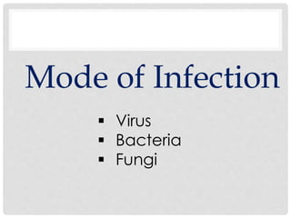 Mode of Infection
 Virus
 Bacteria
 Fungi
 