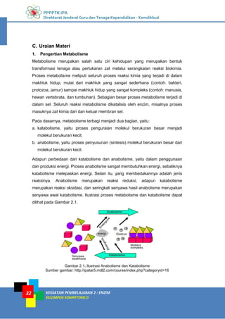 PPPPTK IPA
Direktorat Jenderal Guru dan Tenaga Kependidikan - Kemdikbud
KEGIATAN PEMBELAJARAN 2 : ENZIM
KELOMPOK KOMPETENSI D
32
C. Uraian Materi
1. Pengertian Metabolisme
Metabolisme merupakan salah satu ciri kehidupan yang merupakan bentuk
transformasi tenaga atau pertukaran zat melalui serangkaian reaksi biokimia.
Proses metabolisme meliputi seluruh proses reaksi kimia yang terjadi di dalam
makhluk hidup, mulai dari makhluk yang sangat sederhana (contoh: bakteri,
protozoa, jamur) sampai makhluk hidup yang sangat kompleks (contoh: manusia,
hewan vertebrata, dan tumbuhan). Sebagian besar proses metabolisme terjadi di
dalam sel. Seluruh reaksi metabolisme dikatalisis oleh enzim, misalnya proses
masuknya zat kimia dari dan keluar membran sel.
Pada dasarnya, metabolisme terbagi menjadi dua bagian, yaitu:
a. katabolisme, yaitu proses penguraian molekul berukuran besar menjadi
molekul berukuran kecil;
b. anabolisme, yaitu proses penyusunan (sintesis) molekul berukuran besar dari
molekul berukuran kecil.
Adapun perbedaan dari katabolisme dan anabolisme, yaitu dalam penggunaan
dan produksi energi. Proses anabolisme sangat membutuhkan energi, sebaliknya
katabolisme melepaskan energi. Selain itu, yang membedakannya adalah jenis
reaksinya. Anabolisme merupakan reaksi reduksi, adapun katabolisme
merupakan reaksi oksidasi, dan seringkali senyawa hasil anabolisme merupakan
senyawa awal katabolisme. Ilustrasi proses metabolisme dan katabolisme dapat
dilihat pada Gambar 2.1.
Gambar 2.1. Ilustrasi Anabolisme dan Katabolisme
Sumber gambar: http://ipatar5.mdl2.com/course/index.php?categoryid=16
 