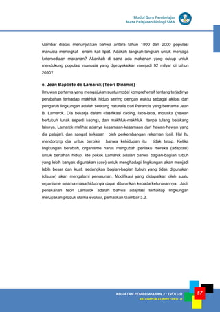 KEGIATAN PEMBELAJARAN 3 : EVOLUSI
KELOMPOK KOMPETENSI D
Modul Guru Pembelajar
Mata Pelajaran Biologi SMA
57
Gambar diatas menunjukkan bahwa antara tahun 1800 dan 2000 populasi
manusia meningkat enam kali lipat. Adakah langkah-langkah untuk menjaga
ketersediaan makanan? Akankah di sana ada makanan yang cukup untuk
mendukung populasi manusia yang diproyeksikan menjadi 92 milyar di tahun
2050?
e. Jean Baptiste de Lamarck (Teori Dinamis)
Ilmuwan pertama yang mengajukan suatu model komprehensif tentang terjadinya
perubahan terhadap makhluk hidup seiring dengan waktu sebagai akibat dari
pengaruh lingkungan adalah seorang naturalis dari Perancis yang bernama Jean
B. Lamarck. Dia bekerja dalam klasifikasi cacing, laba-laba, moluska (hewan
bertubuh lunak seperti keong), dan makhluk-makhluk tanpa tulang belakang
lainnya. Lamarck melihat adanya kesamaan-kesamaan dari hewan-hewan yang
dia pelajari, dan sangat terkesan oleh perkembangan rekaman fosil. Hal Itu
mendorong dia untuk berpikir bahwa kehidupan itu tidak tetap. Ketika
lingkungan berubah, organisme harus mengubah perilaku mereka (adaptasi)
untuk bertahan hidup. Ide pokok Lamarck adalah bahwa bagian-bagian tubuh
yang lebih banyak digunakan (use) untuk menghadapi lingkungan akan menjadi
lebih besar dan kuat, sedangkan bagian-bagian tubuh yang tidak digunakan
(disuse) akan mengalami penurunan. Modifikasi yang didapatkan oleh suatu
organisme selama masa hidupnya dapat diturunkan kepada keturunannya. Jadi,
penekanan teori Lamarck adalah bahwa adaptasi terhadap lingkungan
merupakan produk utama evolusi, perhatikan Gambar 3.2.
 