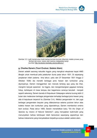 KEGIATAN PEMBELAJARAN 3 : EVOLUSI
KELOMPOK KOMPETENSI D
Modul Guru Pembelajar
Mata Pelajaran Biologi SMA
59
Gambar 3.3. Lyell menemukan bukti bahwa lembah-lembah dibentuk melalui proses yang
lambat dari erosi, bukan oleh karena malapetaka banjir.
(sumber http://evolution.berkeley.edu/evolibrary/)
g. Charles Darwin (Teori Evolusi, Seleksi Alam)
Darwin adalah seorang naturalis Inggris yang mengikuti eksplorasi kapal HMS
Beagle untuk membuat peta pelabuhan dunia pada tahun 1831. Di sepanjang
perjalanan inilah (selama lima tahun, yaitu dari 27 Desember 1831 hingga 2
Oktober 1836) dia meneliti berbagai jenis hewan dan tumbuhan yang
dijumpainya. Darwin menggambar dan menulis tentang apa yang dia lihat,
mengirim banyak spesimen ke Inggris, dan mengembangkan gagasan tentang
hidup, kehidupan di masa lampau dan bagaimana caranya berubah menjadi
seperti sekarang. Darwin berada di Kepulauan Galapagos selama kurang lebih 2
bulan dan melakukan berbagai pengamatan terhadap berbagai jenis hewan yang
ada di kepulauan terpencil itu (Gambar 3.4.). Melalui pengamatan ini, dan juga
berbagai pengamatan lanjutan yang dilakukannya selama puluhan tahun atas
koleksi hewan dan tumbuhan yang diperolehnya, Darwin membentuk embrio
teori evolusi. Pada tahun 1859, Darwin menerbitkan buku "On the Origin of
Species by means of Natural Selection", yang menyajikan bukti-bukti yang
menunjukkan bahwa kehidupan telah berevolusi sepanjang sejarahnya dan
bahwa mekanisme yang menyebabkan terjadinya evolusi adalah seleksi alam.
 