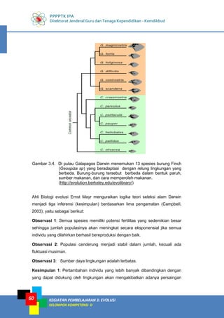 PPPPTK IPA
Direktorat Jenderal Guru dan Tenaga Kependidikan - Kemdikbud
KEGIATAN PEMBELAJARAN 3: EVOLUSI
KELOMPOK KOMPETENSI D
60
Gambar 3.4. Di pulau Galapagos Darwin menemukan 13 spesies burung Finch
(Geospiza sp) yang beradaptasi dengan relung lingkungan yang
berbeda. Burung-burung tersebut berbeda dalam bentuk paruh,
sumber makanan, dan cara memperoleh makanan.
(http://evolution.berkeley.edu/evolibrary/)
Ahli Biologi evolusi Ernst Mayr menguraikan logika teori seleksi alam Darwin
menjadi tiga inferensi (kesimpulan) berdasarkan lima pengamatan (Campbell,
2003), yaitu sebagai berikut:
Observasi 1: Semua spesies memiliki potensi fertilitas yang sedemikian besar
sehingga jumlah populasinya akan meningkat secara eksponensial jika semua
individu yang dilahirkan berhasil bereproduksi dengan baik.
Observasi 2: Populasi cenderung menjadi stabil dalam jumlah, kecuali ada
fluktuasi musiman.
Observasi 3: Sumber daya lingkungan adalah terbatas.
Kesimpulan 1: Pertambahan individu yang lebih banyak dibandingkan dengan
yang dapat didukung oleh lingkungan akan mengakibatkan adanya persaingan
 